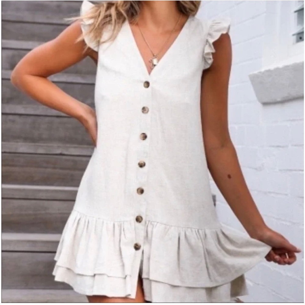 NWT Red Dress Boutique | Skylar+Madison beige button-Down linen dress Size S
